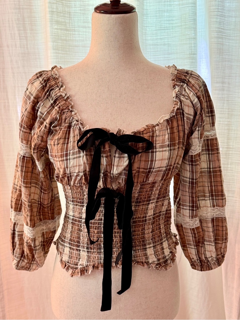 Kimchi Blue Brown Plaid Peasant Blouse with Black Velvet Tie